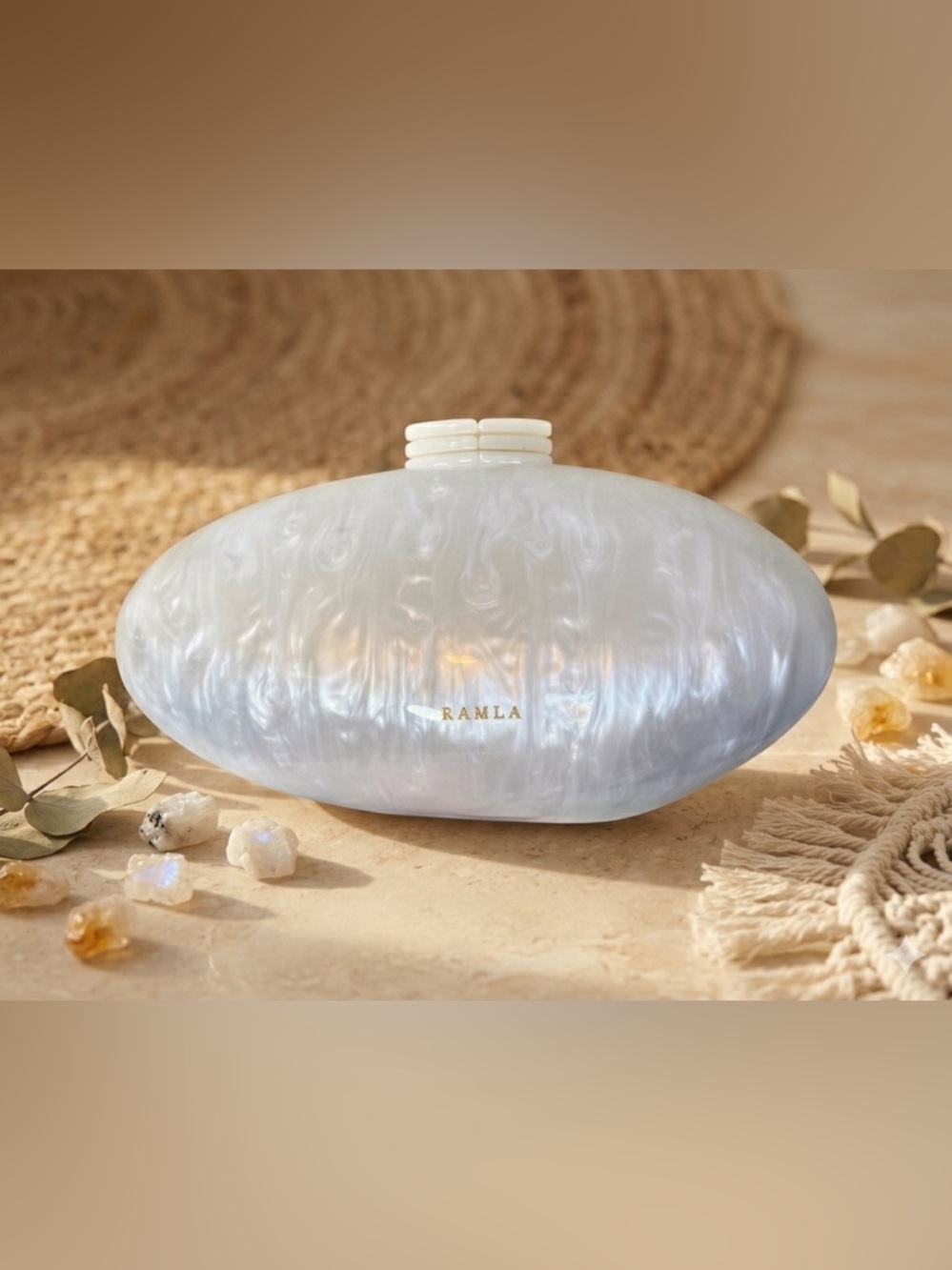 RAMLA White Oval Acrylic Clutch Bag Iridescent Evening Purse Casablanca